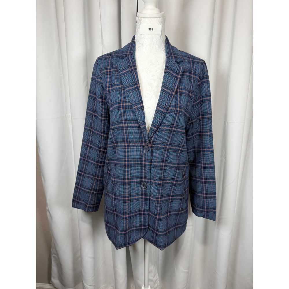 American Eagle Blue Plaid Two Button Blazer Jacket Women XL Oversized Lined